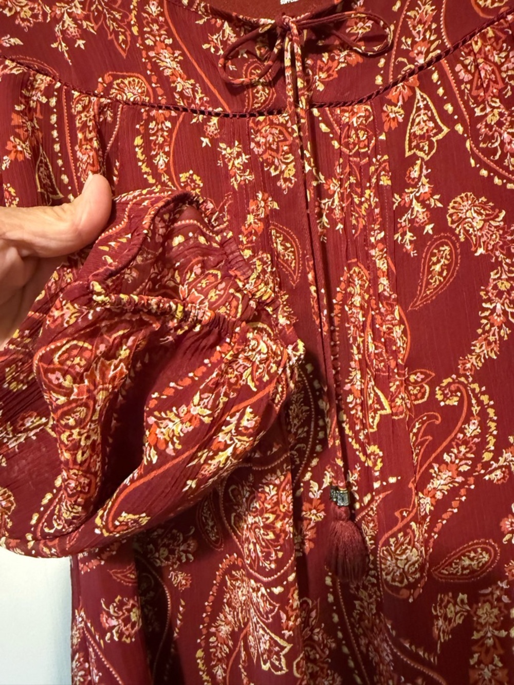 St. John's Bay Red Paisley Tie-Neck Blouse  M - Picture 5 of 9